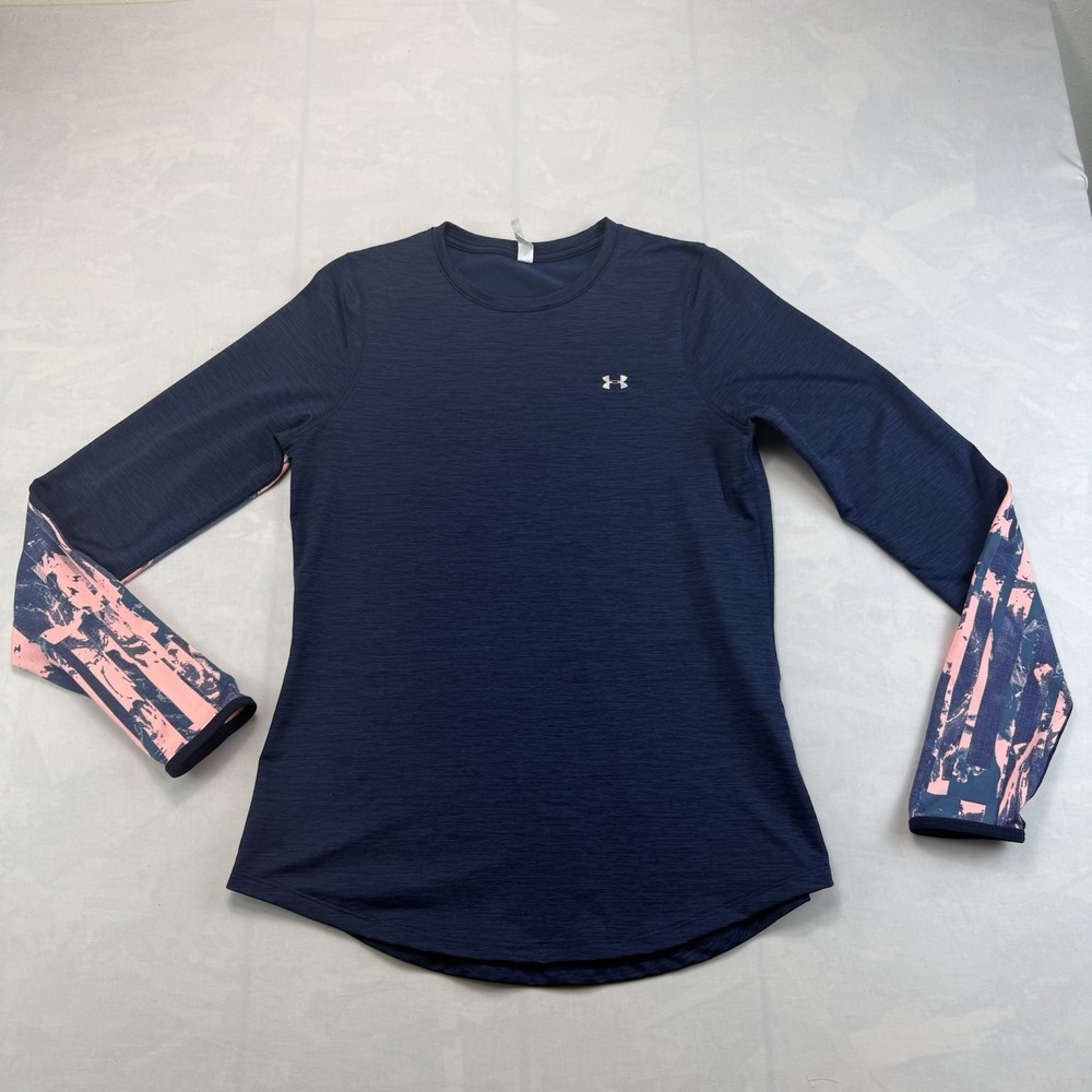 Under Armour ColdGear Top Womens L Blue Graphic Sleeve Thumbholes